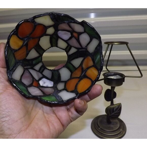 Stained Glass Tiffany Style Flower Lamp Metal Leaf Base Votive Tealight Holder - Picture 4 of 14